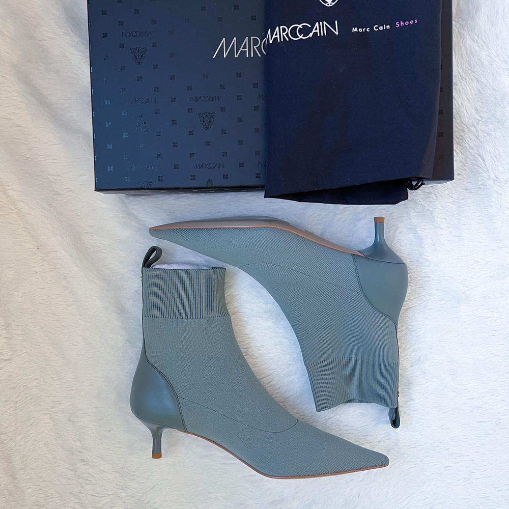 NEW Marc Cain Ankle Sock Bootie 39EU 8.5US Sage Green Knit Leather Kitten Heel
